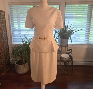 Vintage Travilla Short Sleeve Peplum Belted Dress Cream Womens Size 10